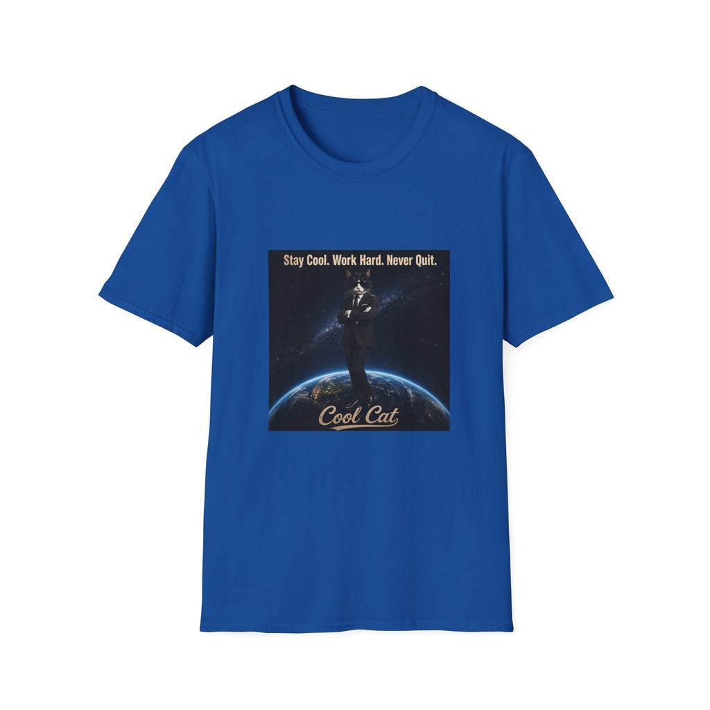 Cool Cat Motivational T-Shirt — "Stay Cool. Work Hard. Never Quit."