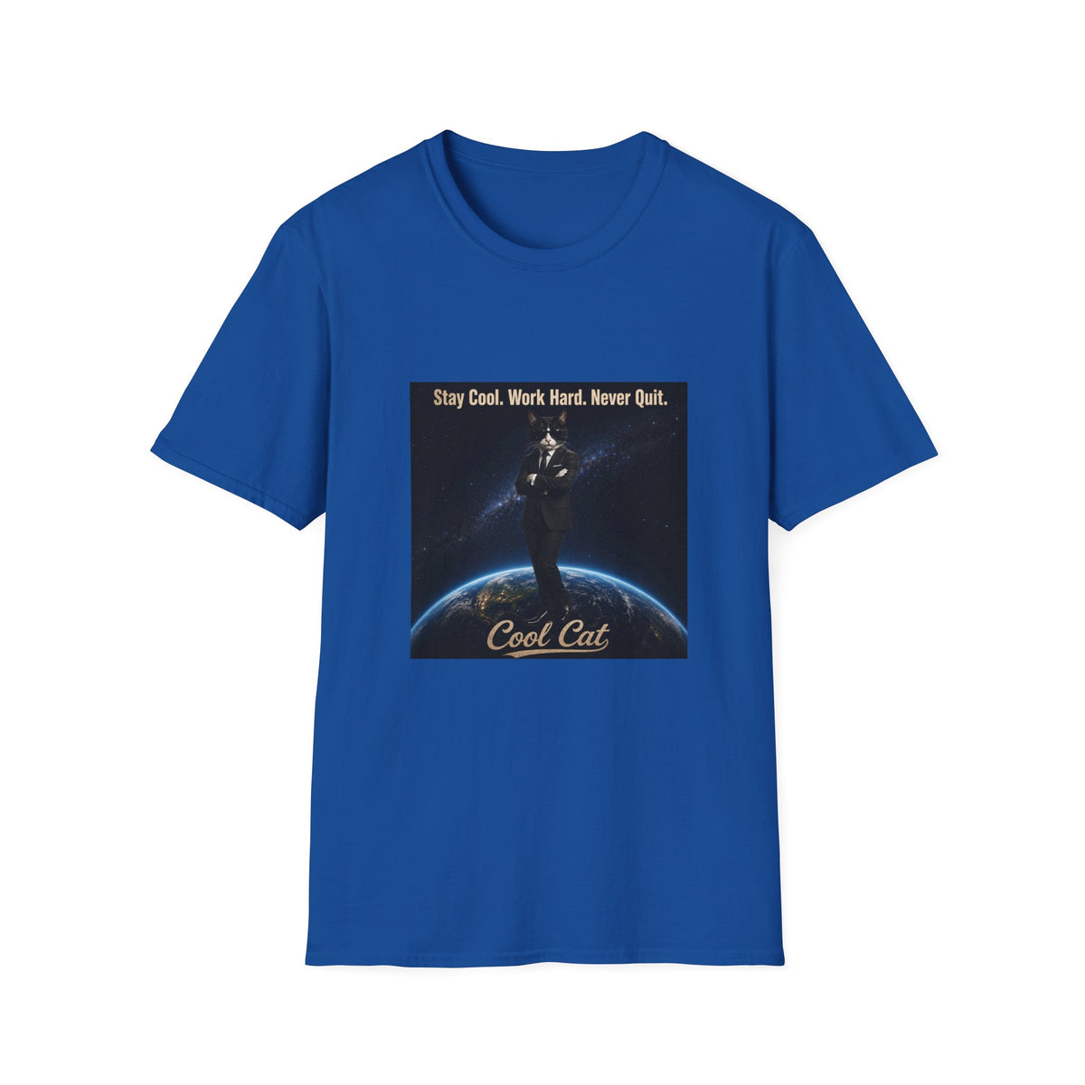Cool Cat Motivational T-Shirt — "Stay Cool. Work Hard. Never Quit."