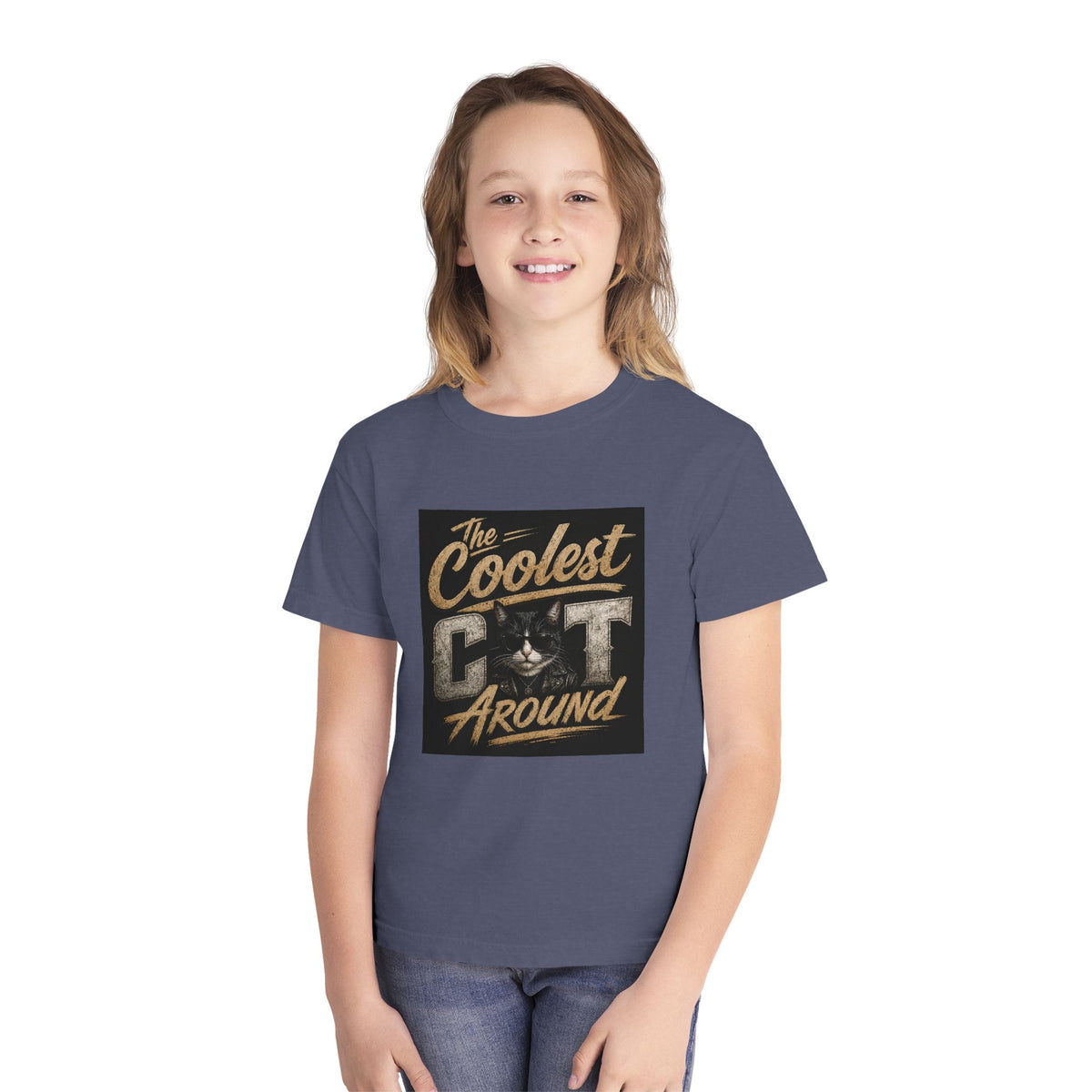 Youth Tee - "The Coolest Cat Around" Retro Graphic Cat Shirt