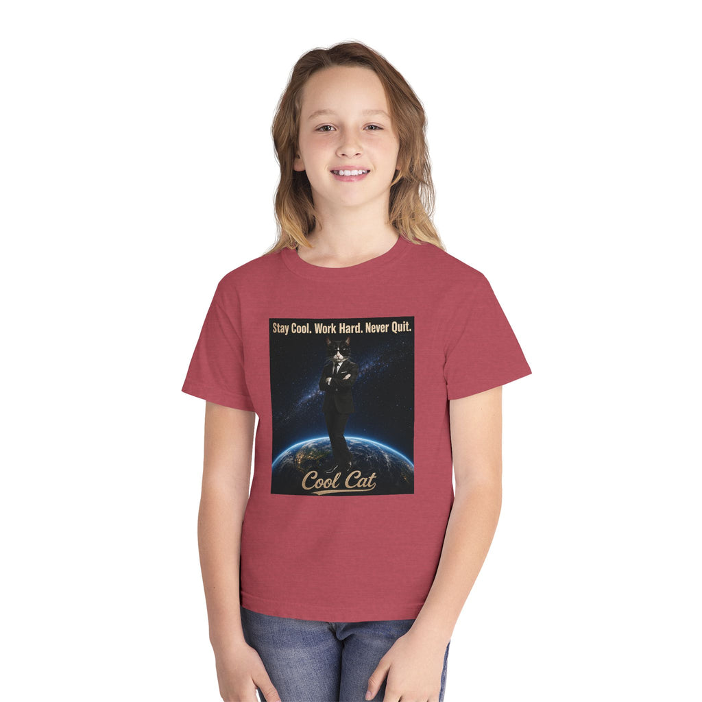 Cool Cat Youth Tee — "Stay Cool, Work Hard, Never Quit" Motivational Graphic Shirt
