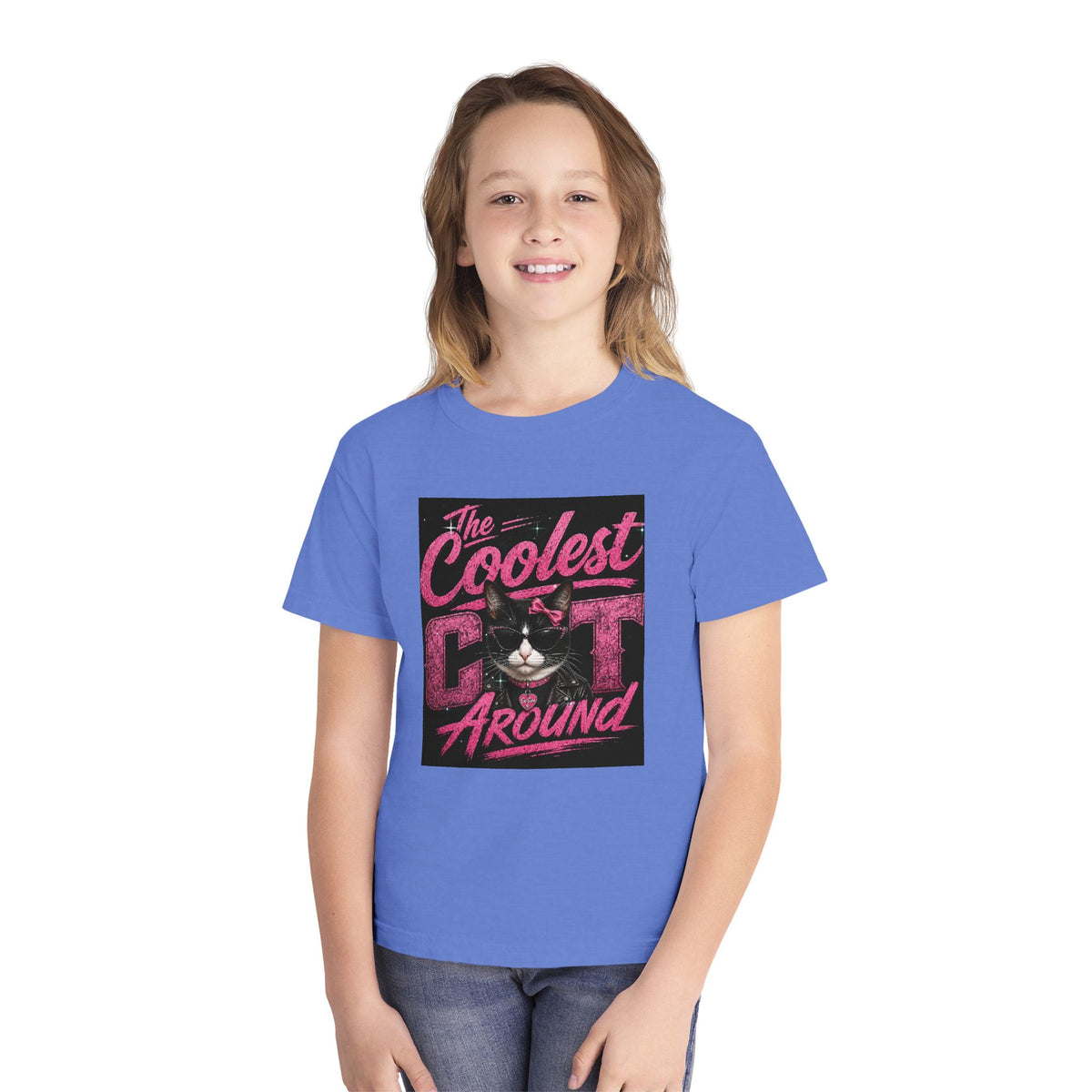 Youth Tee — "The Coolest Cat Around" Graphic Cat Shirt