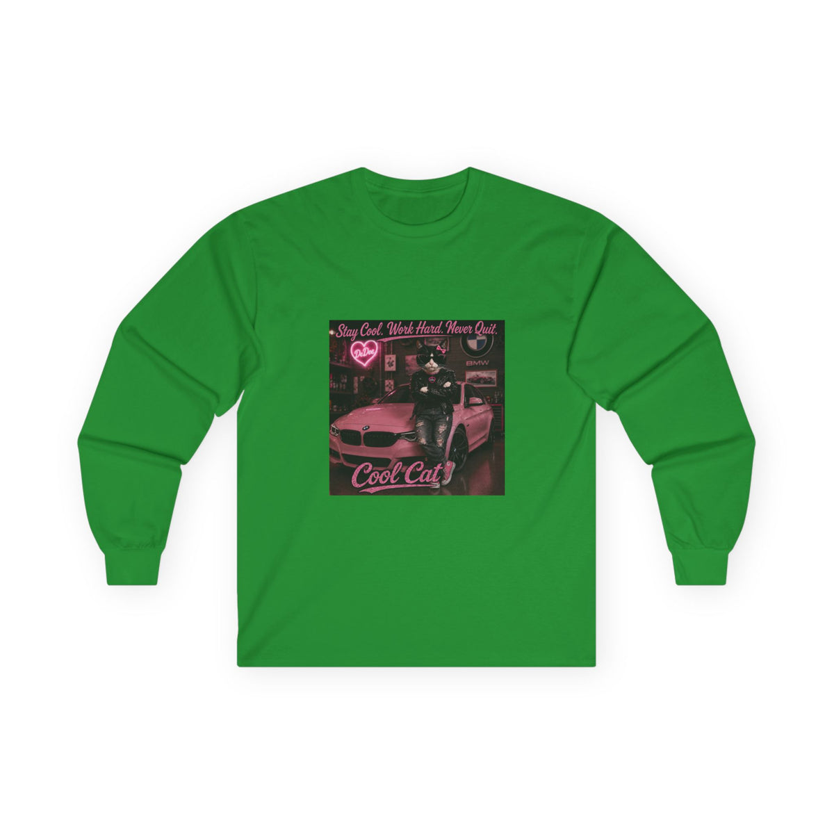 Cool Cat Long Sleeve Tee – "Stay Cool. Work Hard. Never Quit." Graphic Shirt