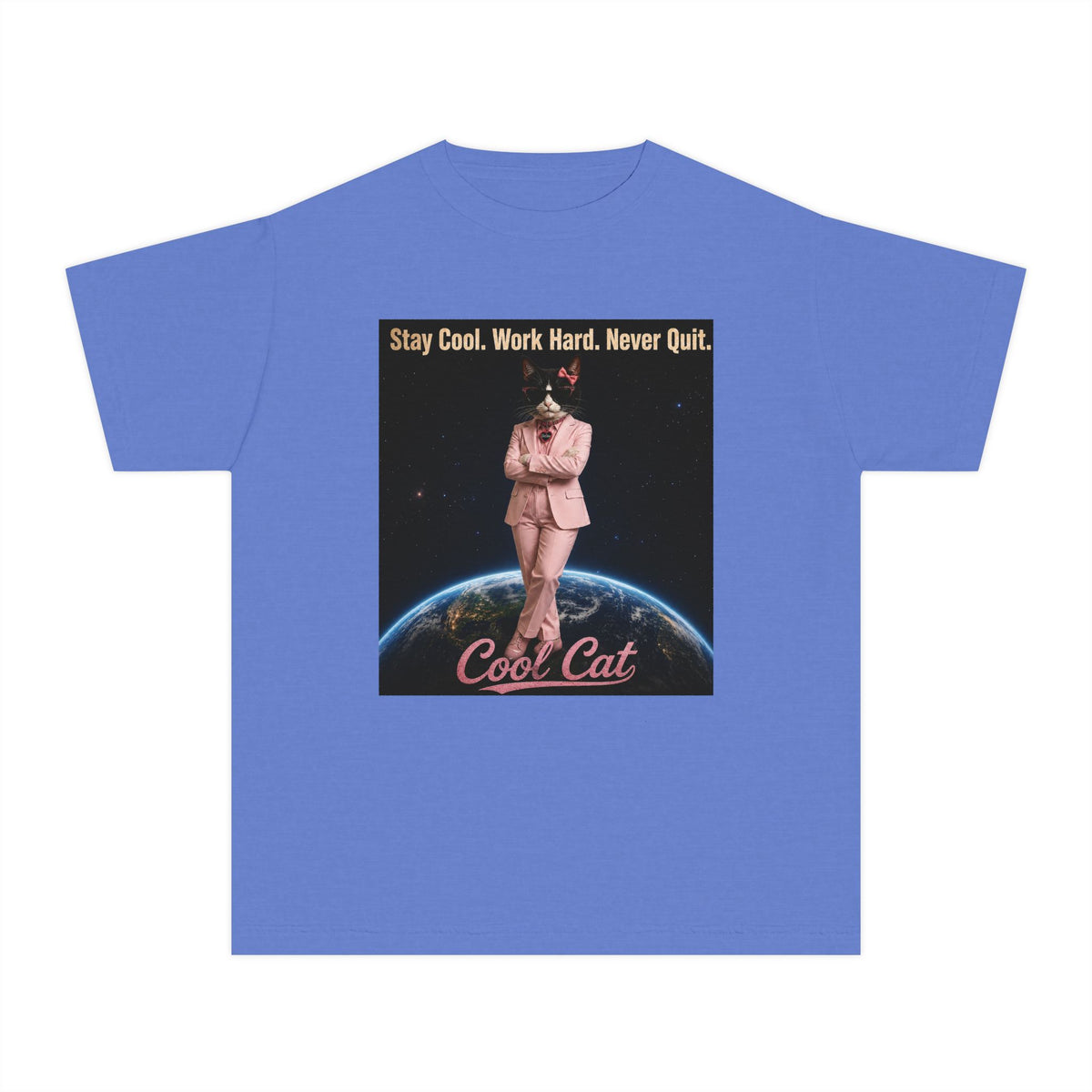 Cool Cat De Dee Standing on the Globe  Youth Tee — "Stay Cool, Work Hard, Never Quit" Motivational Graphic Shirt
