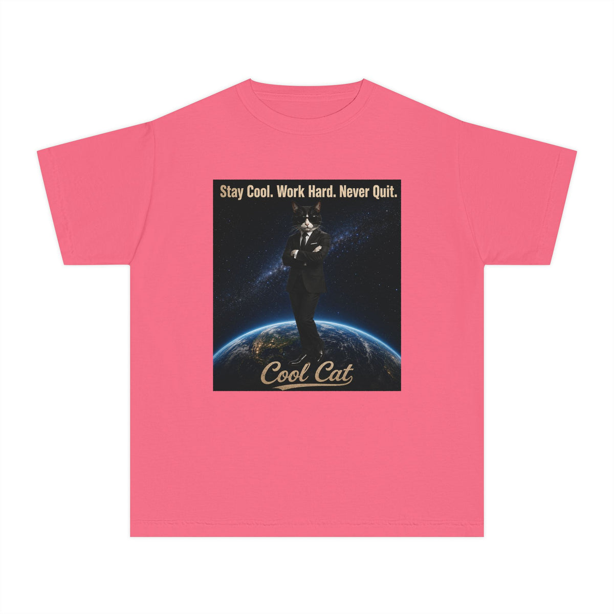Cool Cat Youth Tee — "Stay Cool, Work Hard, Never Quit" Motivational Graphic Shirt