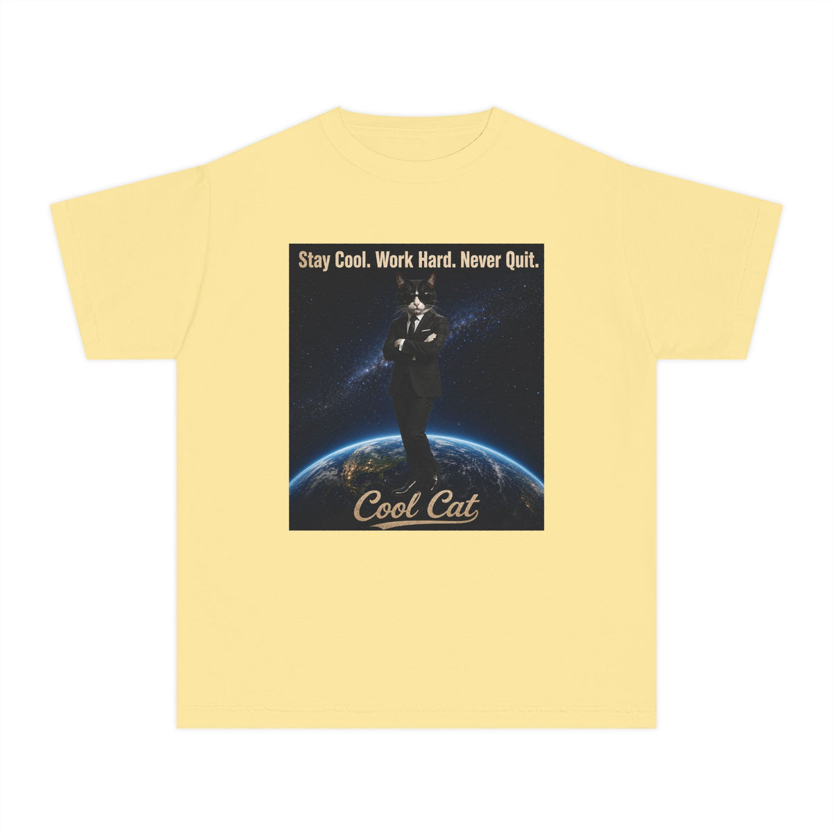Cool Cat Youth Tee — "Stay Cool, Work Hard, Never Quit" Motivational Graphic Shirt