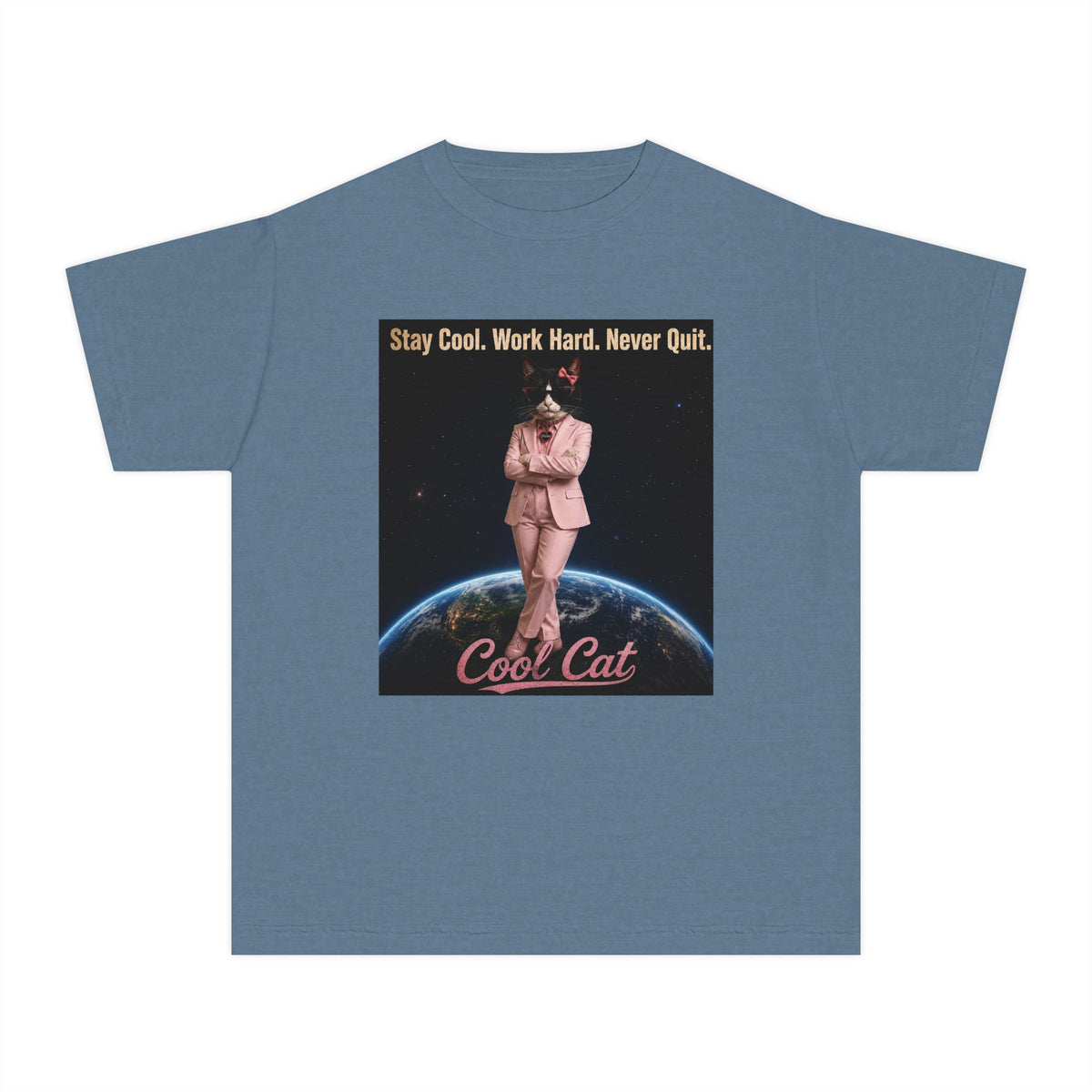 Cool Cat De Dee Standing on the Globe  Youth Tee — "Stay Cool, Work Hard, Never Quit" Motivational Graphic Shirt