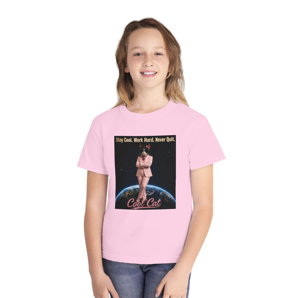 Cool Cat De Dee Standing on the Globe Youth Tee — 'Stay Cool. Work Hard. Never Quit.' Motivational Graphic Tee