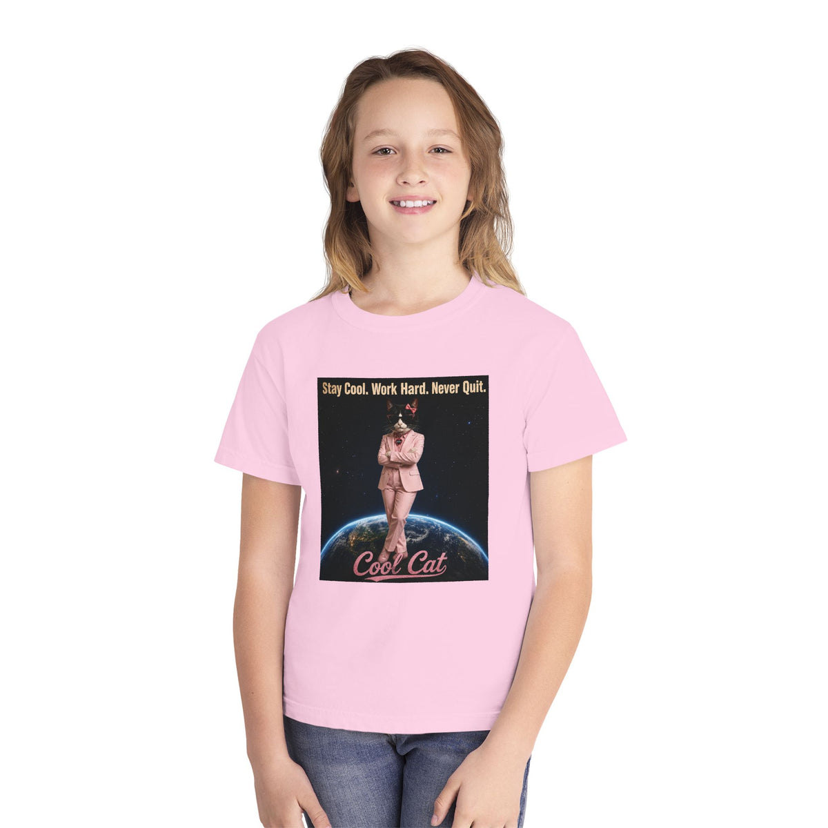 Cool Cat De Dee Standing on the Globe Youth Tee — 'Stay Cool. Work Hard. Never Quit.' Motivational Graphic Tee