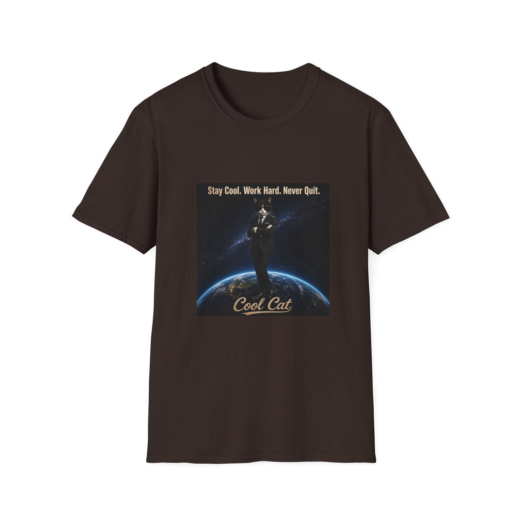 Cool Cat Motivational T-Shirt — "Stay Cool. Work Hard. Never Quit."