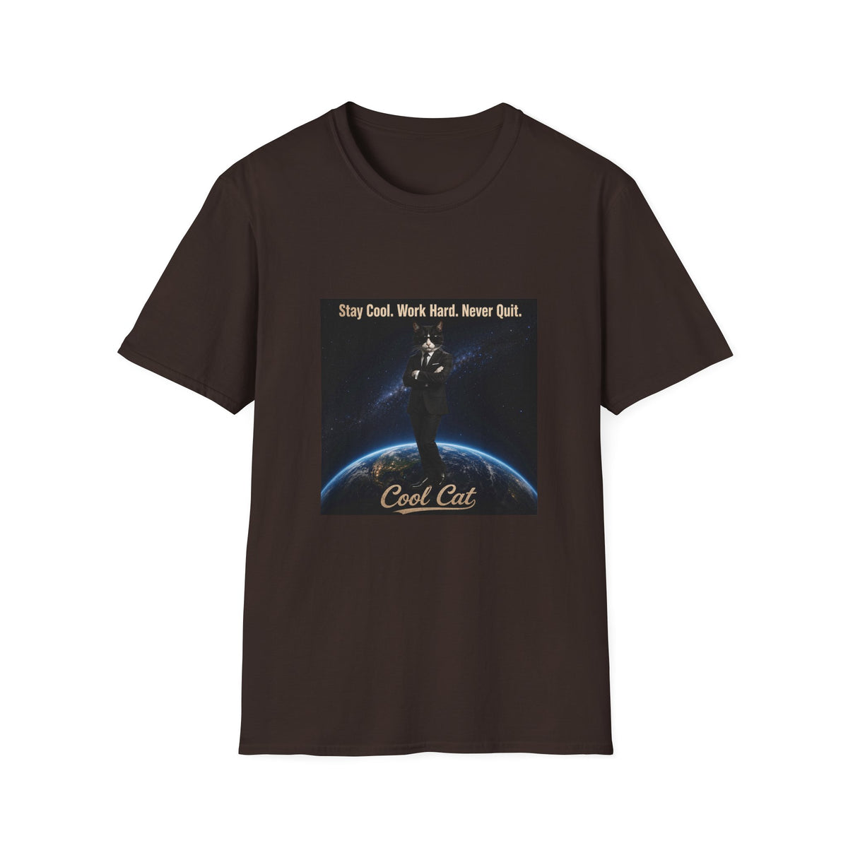 Cool Cat Motivational T-Shirt — "Stay Cool. Work Hard. Never Quit."