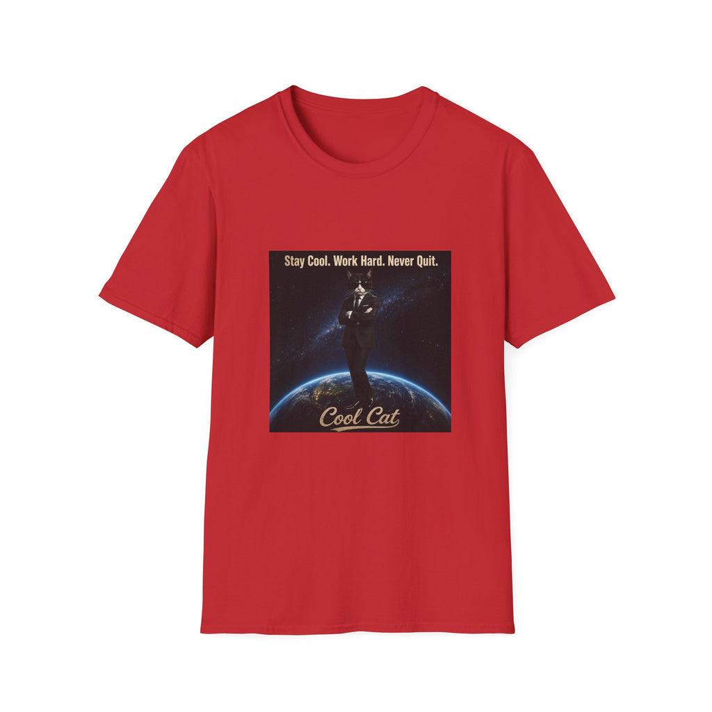 Cool Cat Motivational T-Shirt — "Stay Cool. Work Hard. Never Quit."