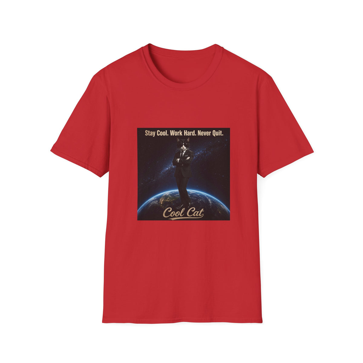 Cool Cat Motivational T-Shirt — "Stay Cool. Work Hard. Never Quit."