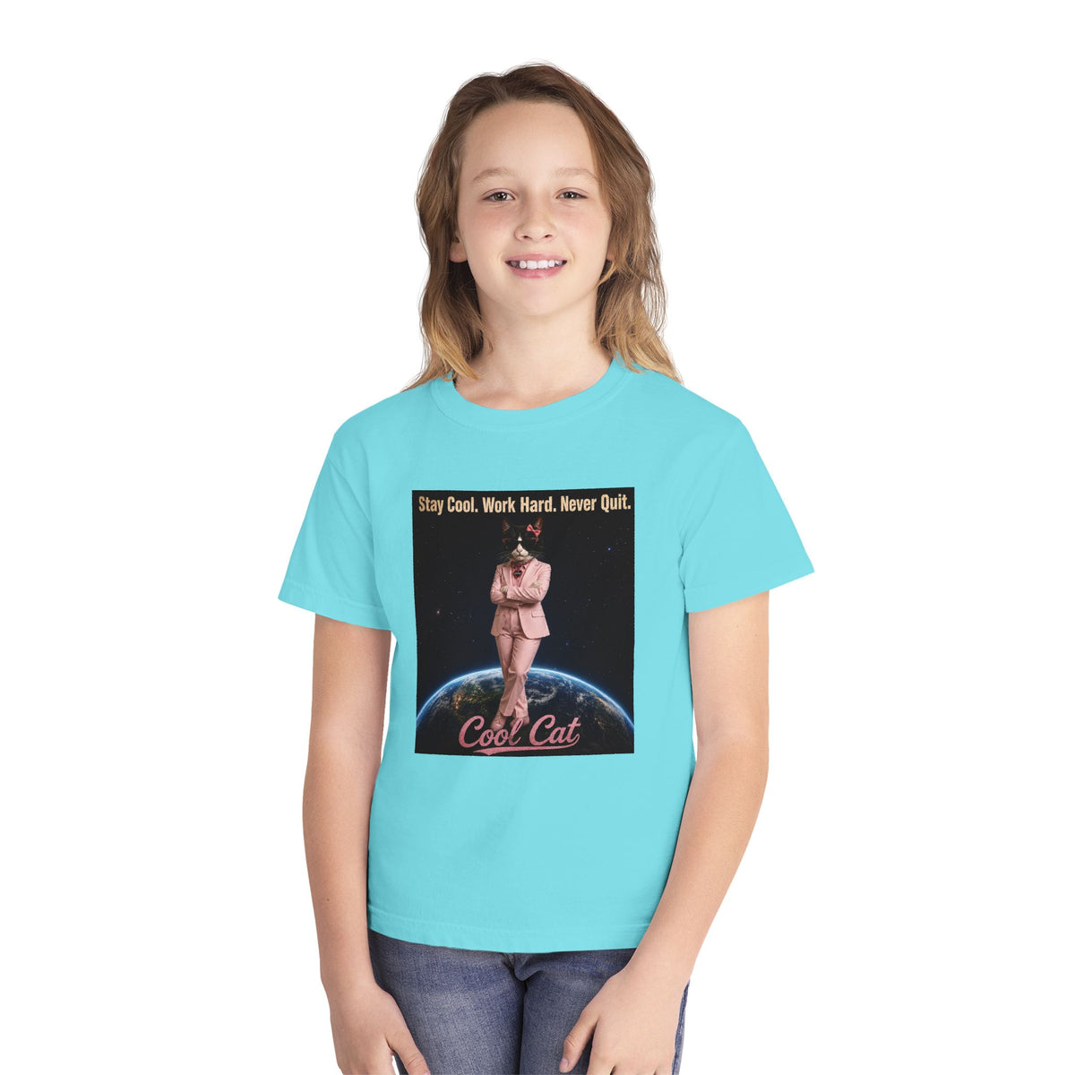 Cool Cat De Dee Standing on the Globe Youth Tee — 'Stay Cool. Work Hard. Never Quit.' Motivational Graphic Tee