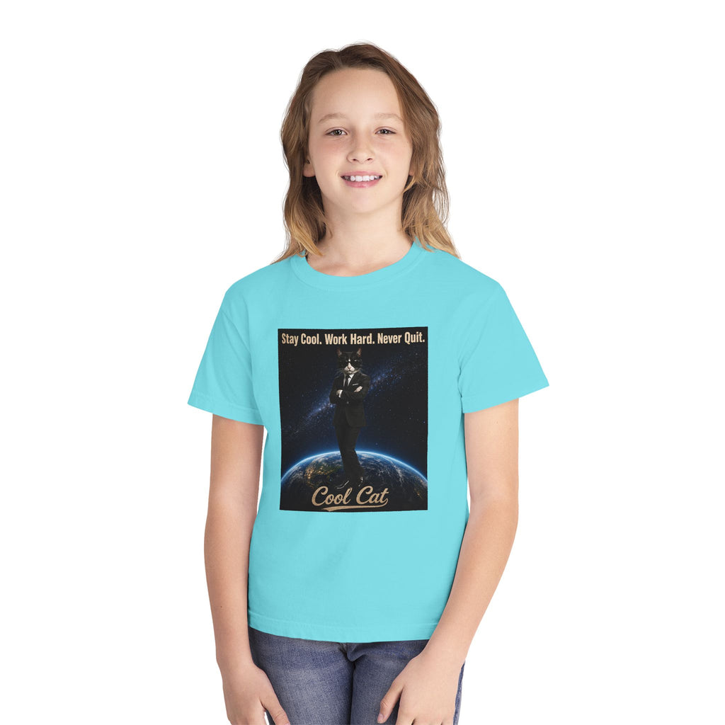 Cool Cat Youth Tee — "Stay Cool, Work Hard, Never Quit" Motivational Graphic Shirt