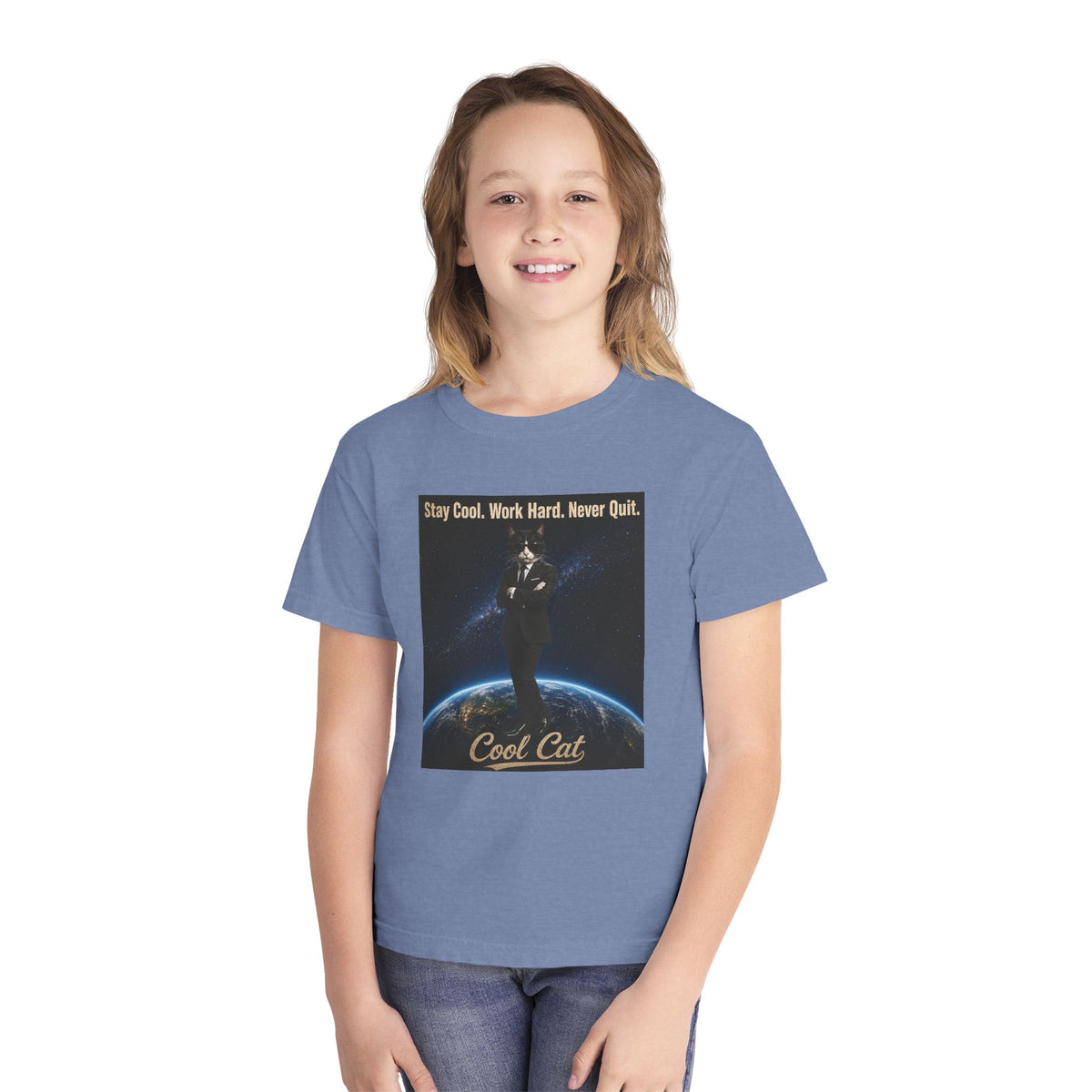 Cool Cat Youth Tee — "Stay Cool, Work Hard, Never Quit" Motivational Graphic Shirt
