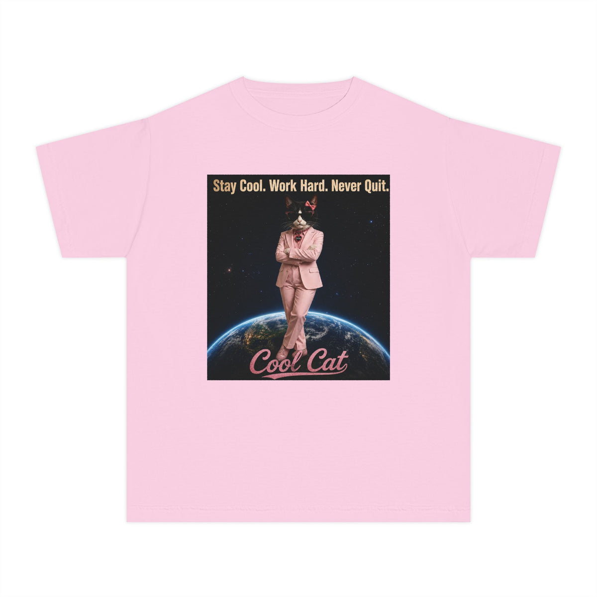 Cool Cat De Dee Standing on the Globe  Youth Tee — "Stay Cool, Work Hard, Never Quit" Motivational Graphic Shirt