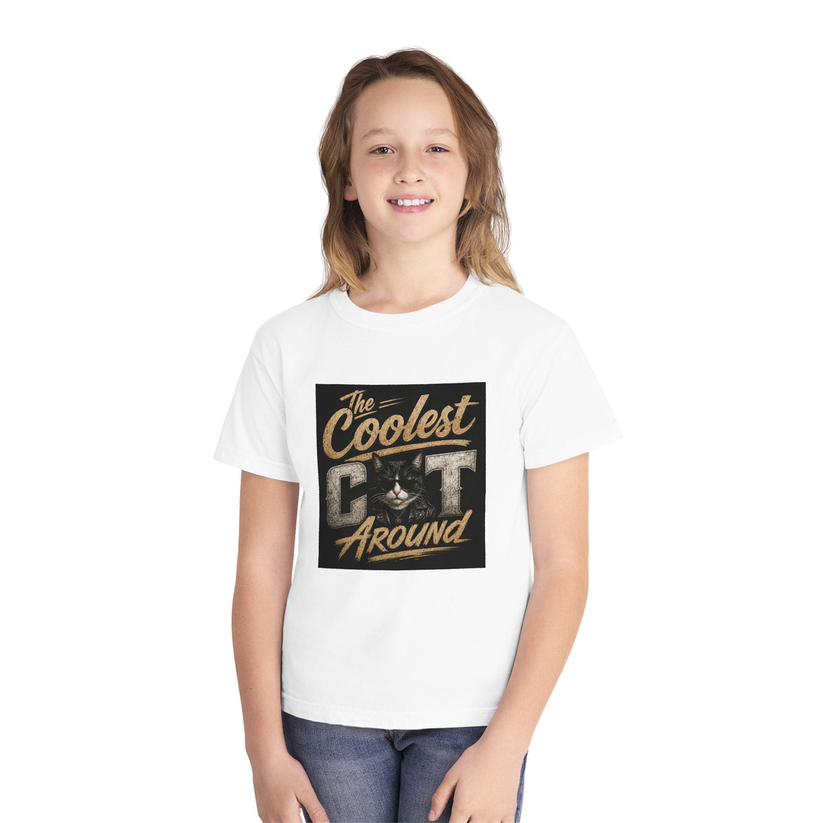 Youth Tee - "The Coolest Cat Around" Retro Graphic Cat Shirt