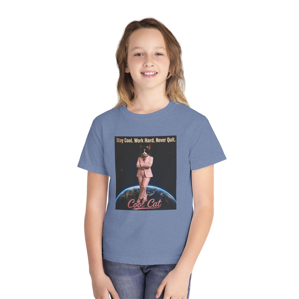 Cool Cat De Dee Standing on the Globe Youth Tee — 'Stay Cool. Work Hard. Never Quit.' Motivational Graphic Tee