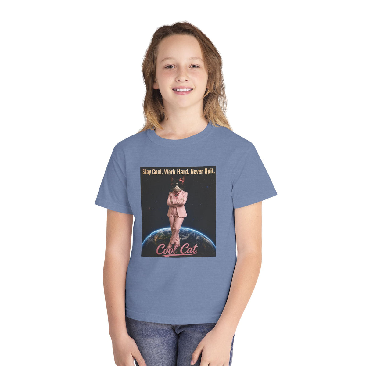 Cool Cat De Dee Standing on the Globe Youth Tee — 'Stay Cool. Work Hard. Never Quit.' Motivational Graphic Tee