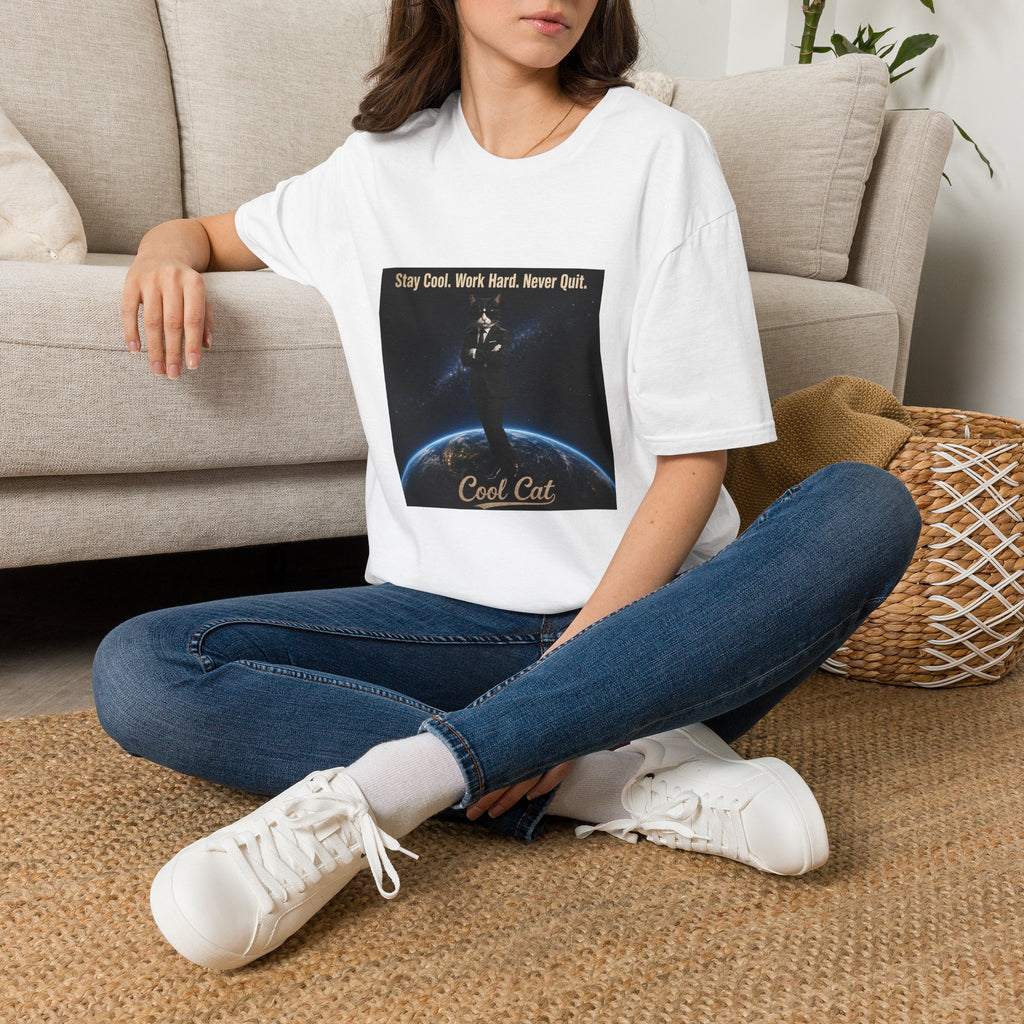Cool Cat Motivational T-Shirt — "Stay Cool. Work Hard. Never Quit."