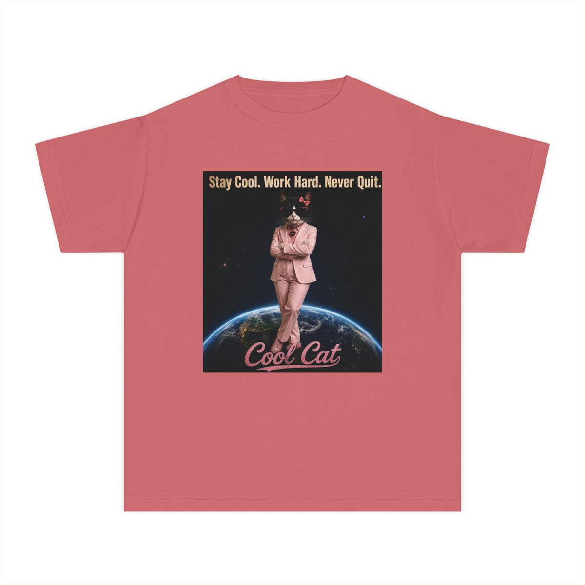 Cool Cat De Dee Standing on the Globe  Youth Tee — "Stay Cool, Work Hard, Never Quit" Motivational Graphic Shirt