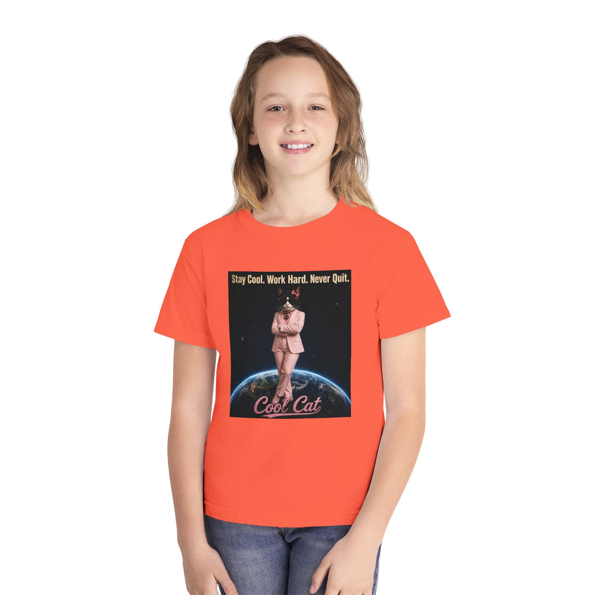 Cool Cat De Dee Standing on the Globe Youth Tee — 'Stay Cool. Work Hard. Never Quit.' Motivational Graphic Tee