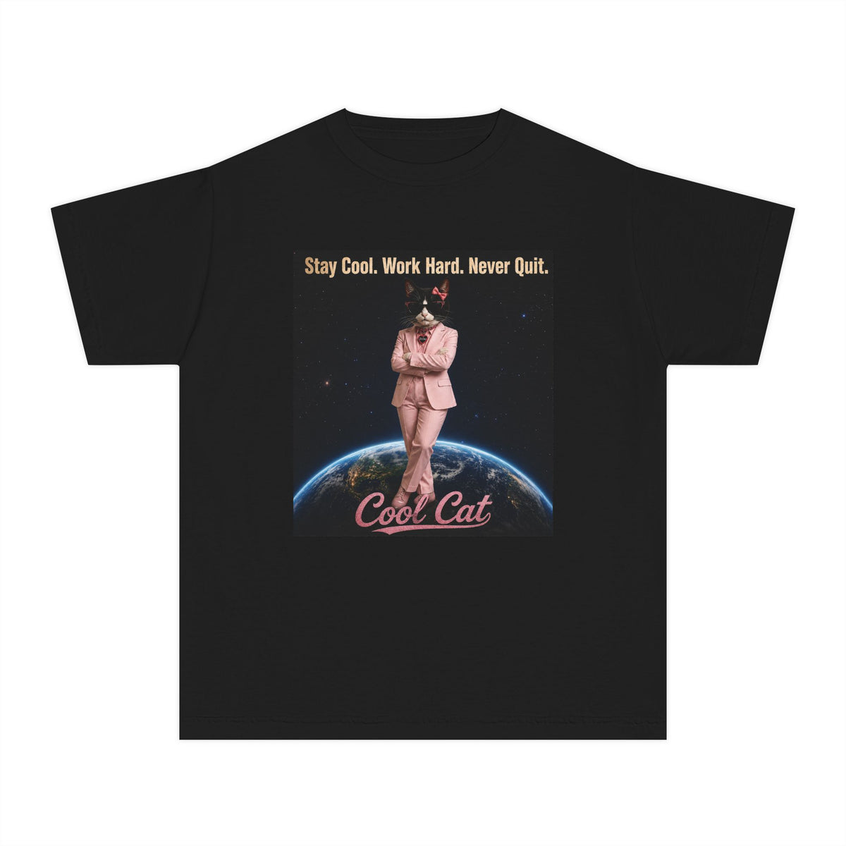 Cool Cat De Dee Standing on the Globe Youth Tee — 'Stay Cool. Work Hard. Never Quit.' Motivational Graphic Tee