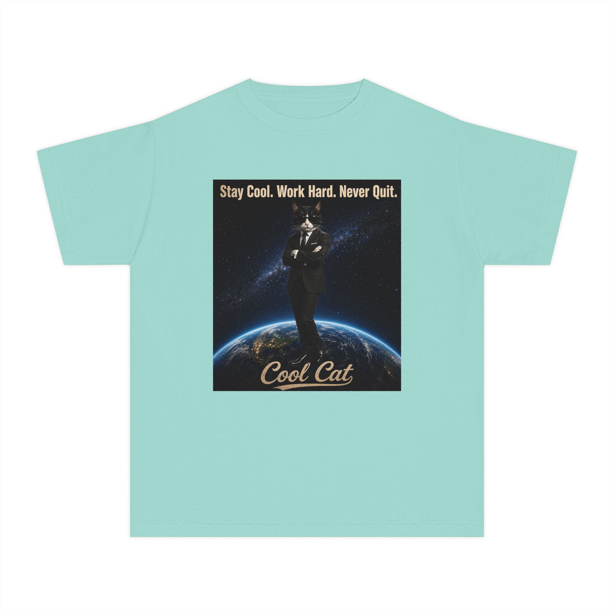 Cool Cat Youth Tee — "Stay Cool, Work Hard, Never Quit" Motivational Graphic Shirt
