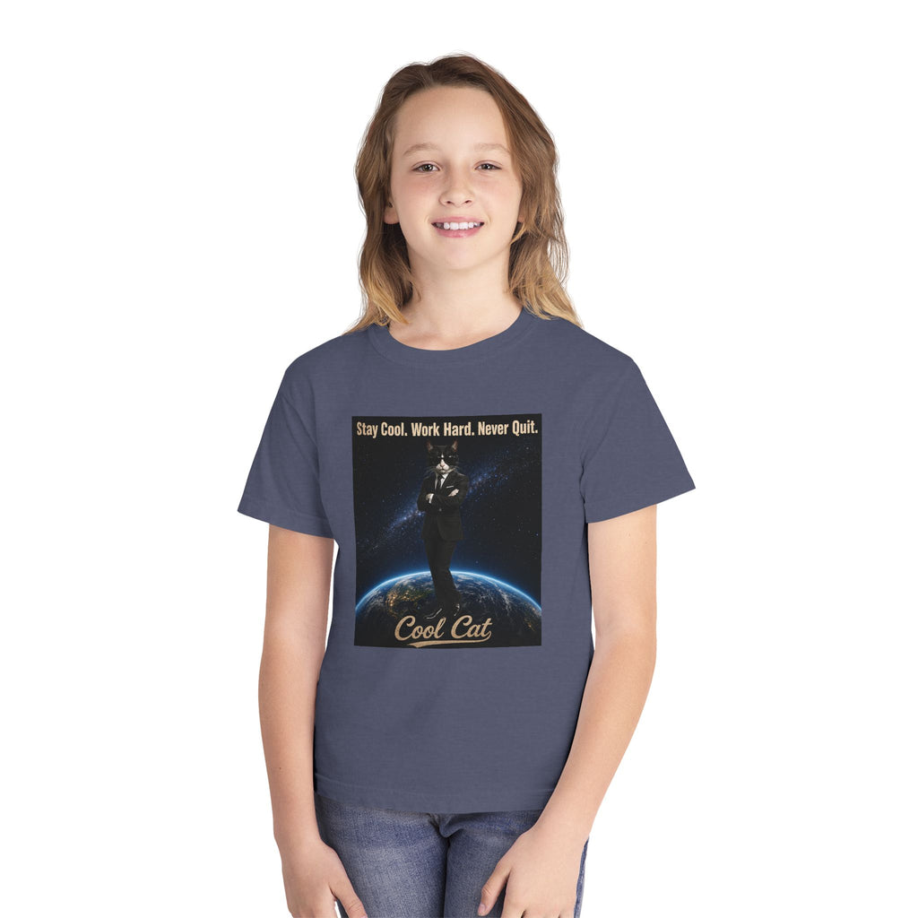 Cool Cat Youth Tee — "Stay Cool, Work Hard, Never Quit" Motivational Graphic Shirt