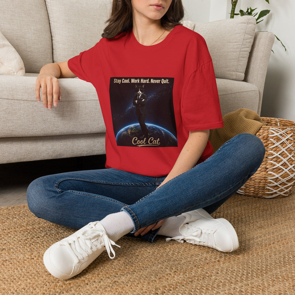 Cool Cat Motivational T-Shirt — "Stay Cool. Work Hard. Never Quit."
