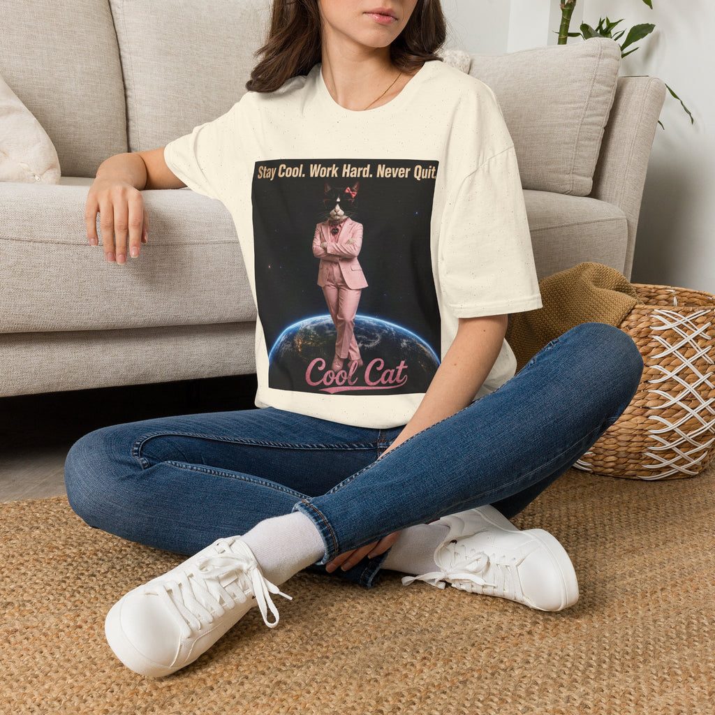 Cool Cat De Dee Standing on the Globe Motivational T-Shirt — "Stay Cool. Work Hard. Never Quit."