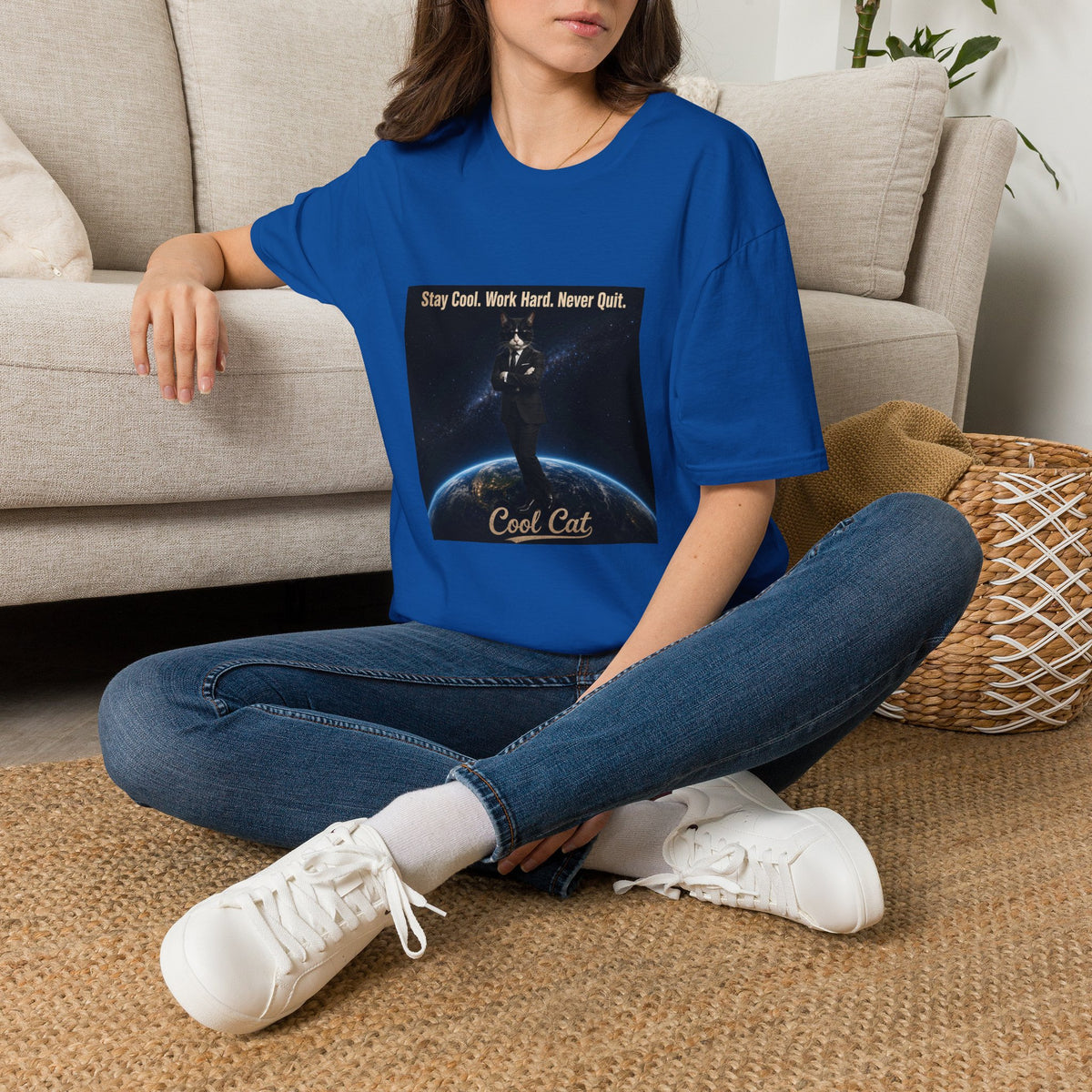 Cool Cat Motivational T-Shirt — "Stay Cool. Work Hard. Never Quit."