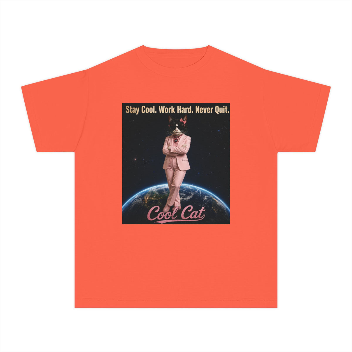 Cool Cat De Dee Standing on the Globe  Youth Tee — "Stay Cool, Work Hard, Never Quit" Motivational Graphic Shirt