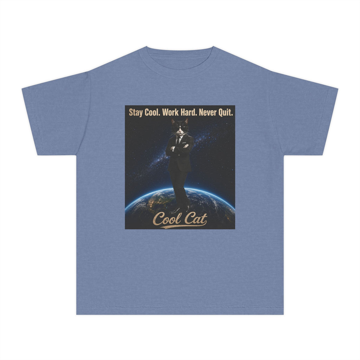 Cool Cat Youth Tee — "Stay Cool, Work Hard, Never Quit" Motivational Graphic Shirt