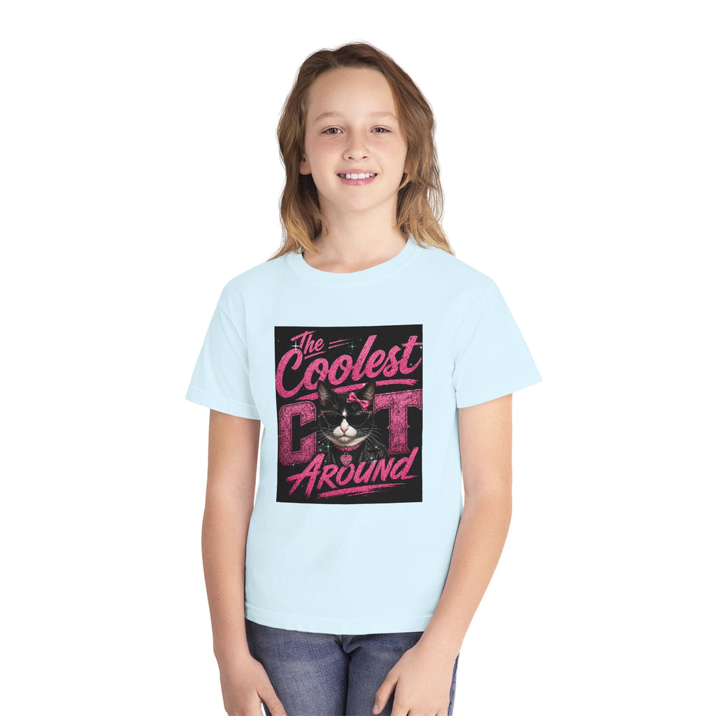 Youth Tee — "The Coolest Cat Around" Graphic Cat Shirt
