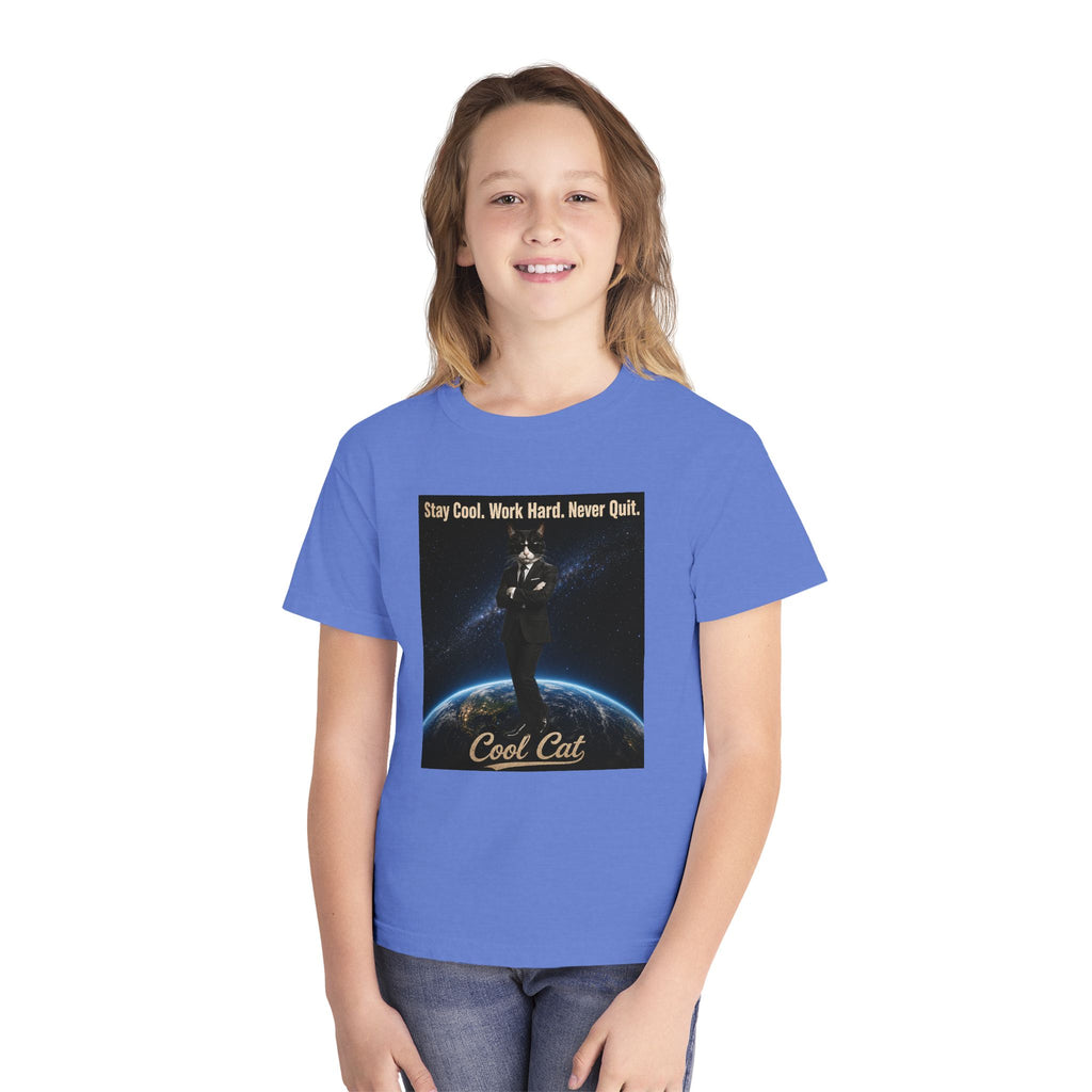 Cool Cat Youth Tee — "Stay Cool, Work Hard, Never Quit" Motivational Graphic Shirt