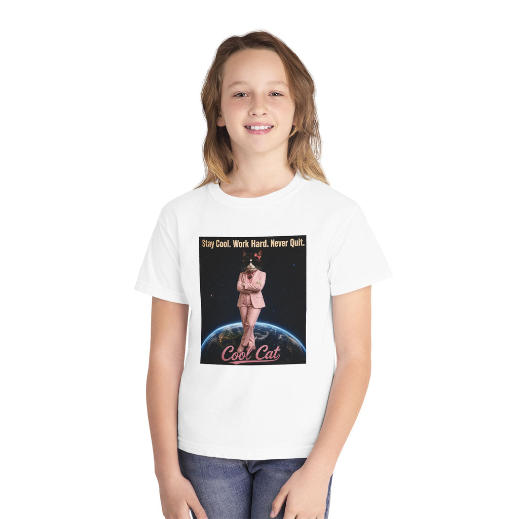 Cool Cat De Dee Standing on the Globe Youth Tee — 'Stay Cool. Work Hard. Never Quit.' Motivational Graphic Tee