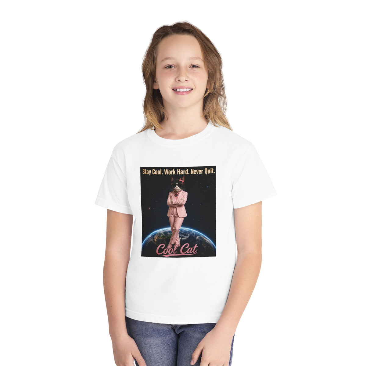 Cool Cat De Dee Standing on the Globe Youth Tee — 'Stay Cool. Work Hard. Never Quit.' Motivational Graphic Tee