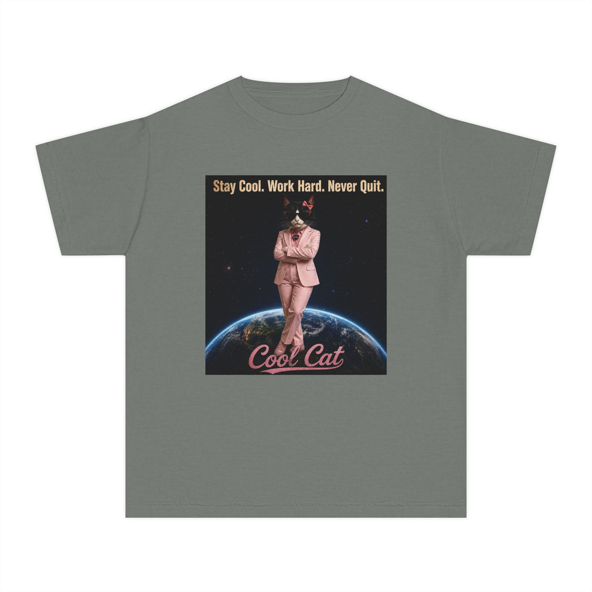 Cool Cat De Dee Standing on the Globe Youth Tee — 'Stay Cool. Work Hard. Never Quit.' Motivational Graphic Tee