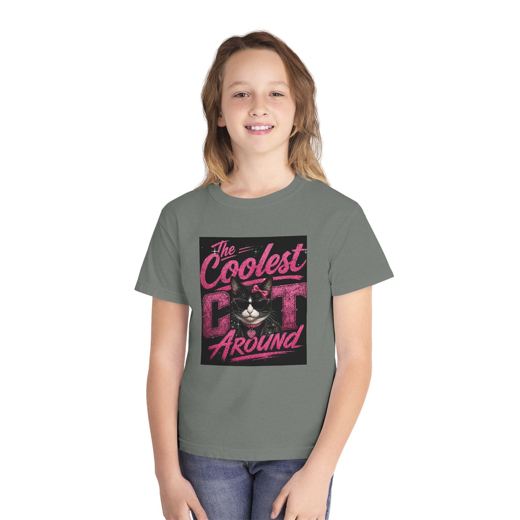Youth Tee — "The Coolest Cat Around" Graphic Cat Shirt