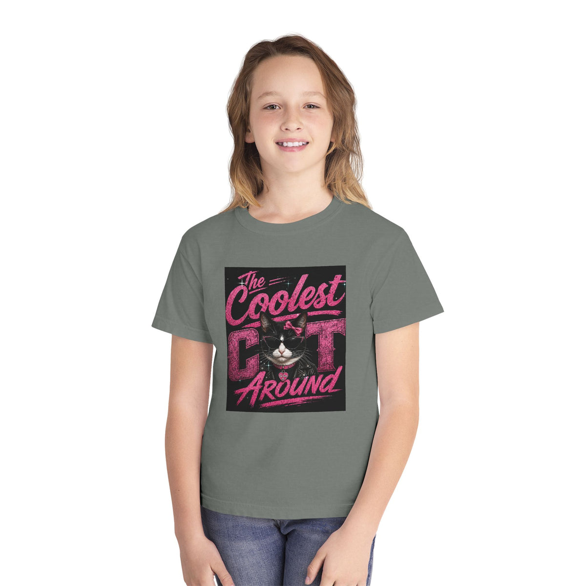 Youth Tee — "The Coolest Cat Around" Graphic Cat Shirt