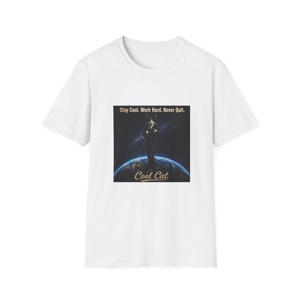 Cool Cat Motivational T-Shirt — "Stay Cool. Work Hard. Never Quit."