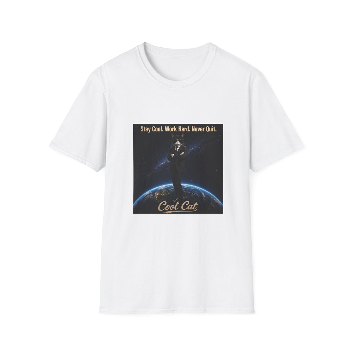 Cool Cat Motivational T-Shirt — "Stay Cool. Work Hard. Never Quit."