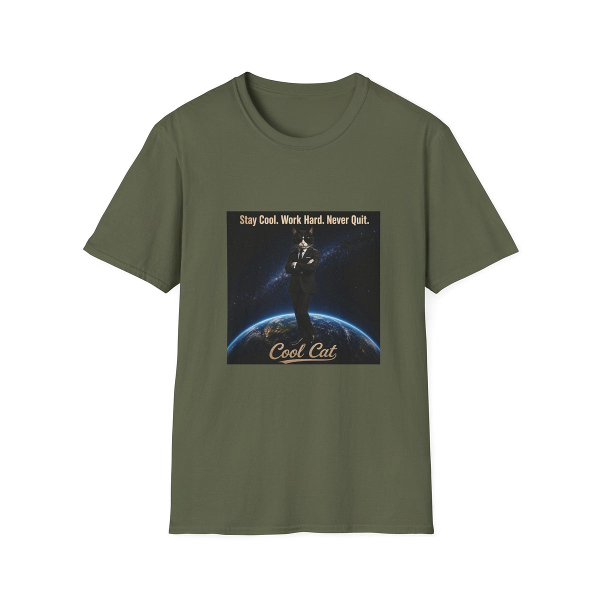 Cool Cat Motivational T-Shirt — "Stay Cool. Work Hard. Never Quit."