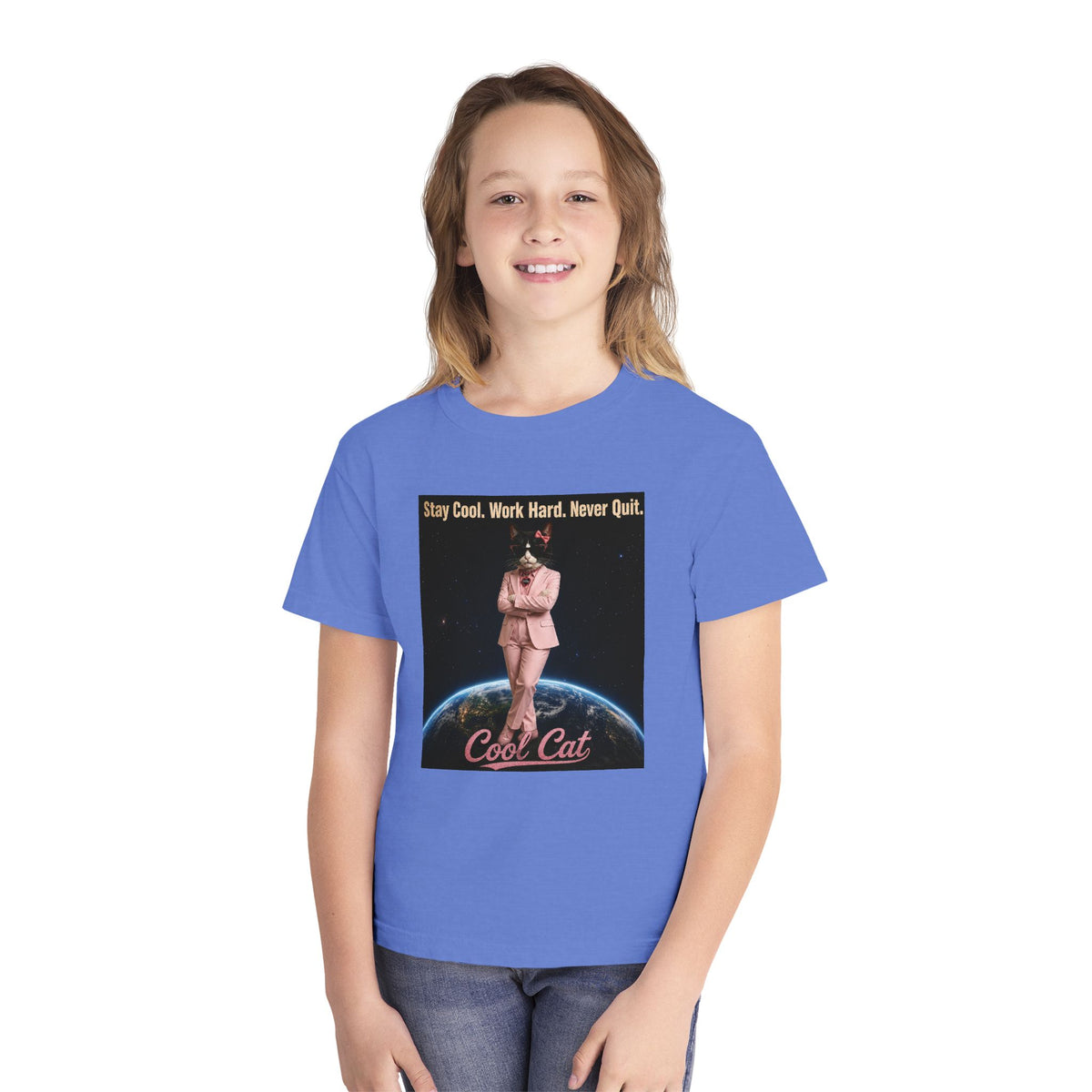 Cool Cat De Dee Standing on the Globe  Youth Tee — "Stay Cool, Work Hard, Never Quit" Motivational Graphic Shirt