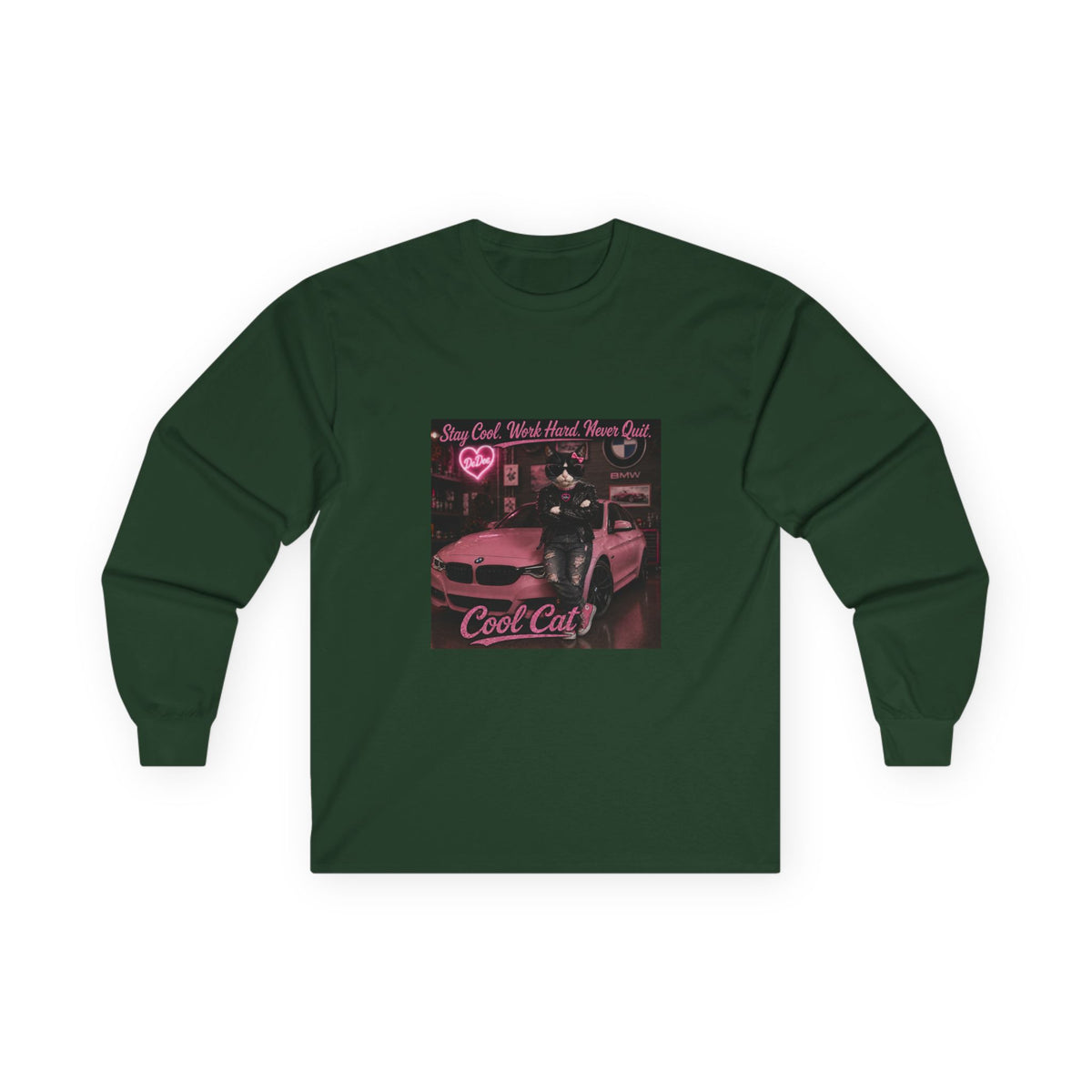 Cool Cat Long Sleeve Tee – "Stay Cool. Work Hard. Never Quit." Graphic Shirt