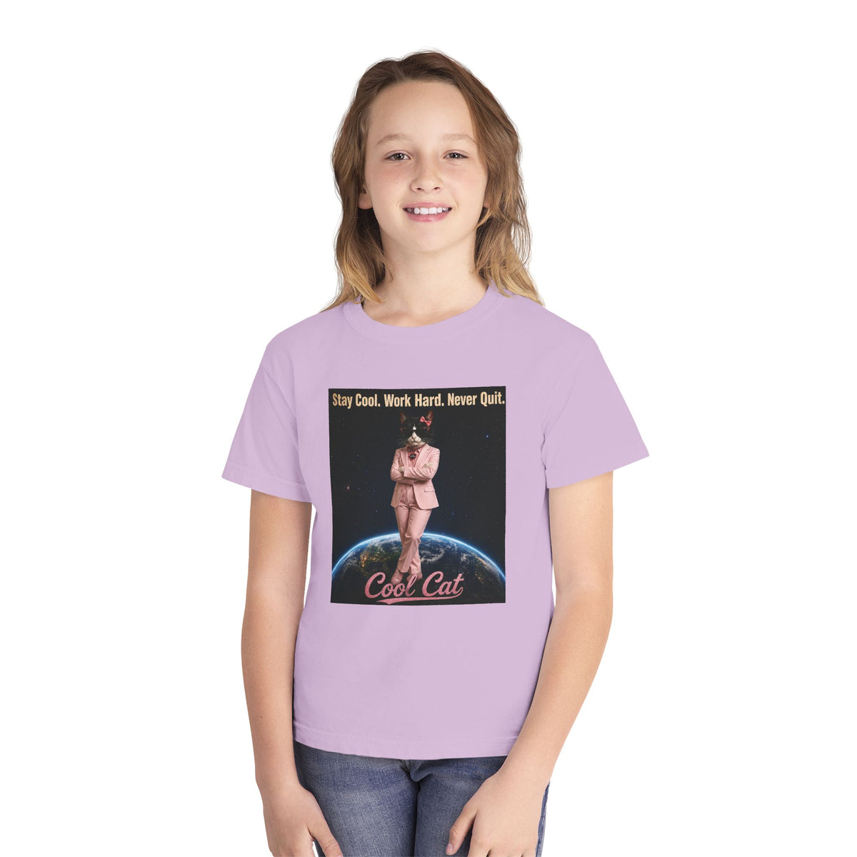 Cool Cat De Dee Standing on the Globe  Youth Tee — "Stay Cool, Work Hard, Never Quit" Motivational Graphic Shirt