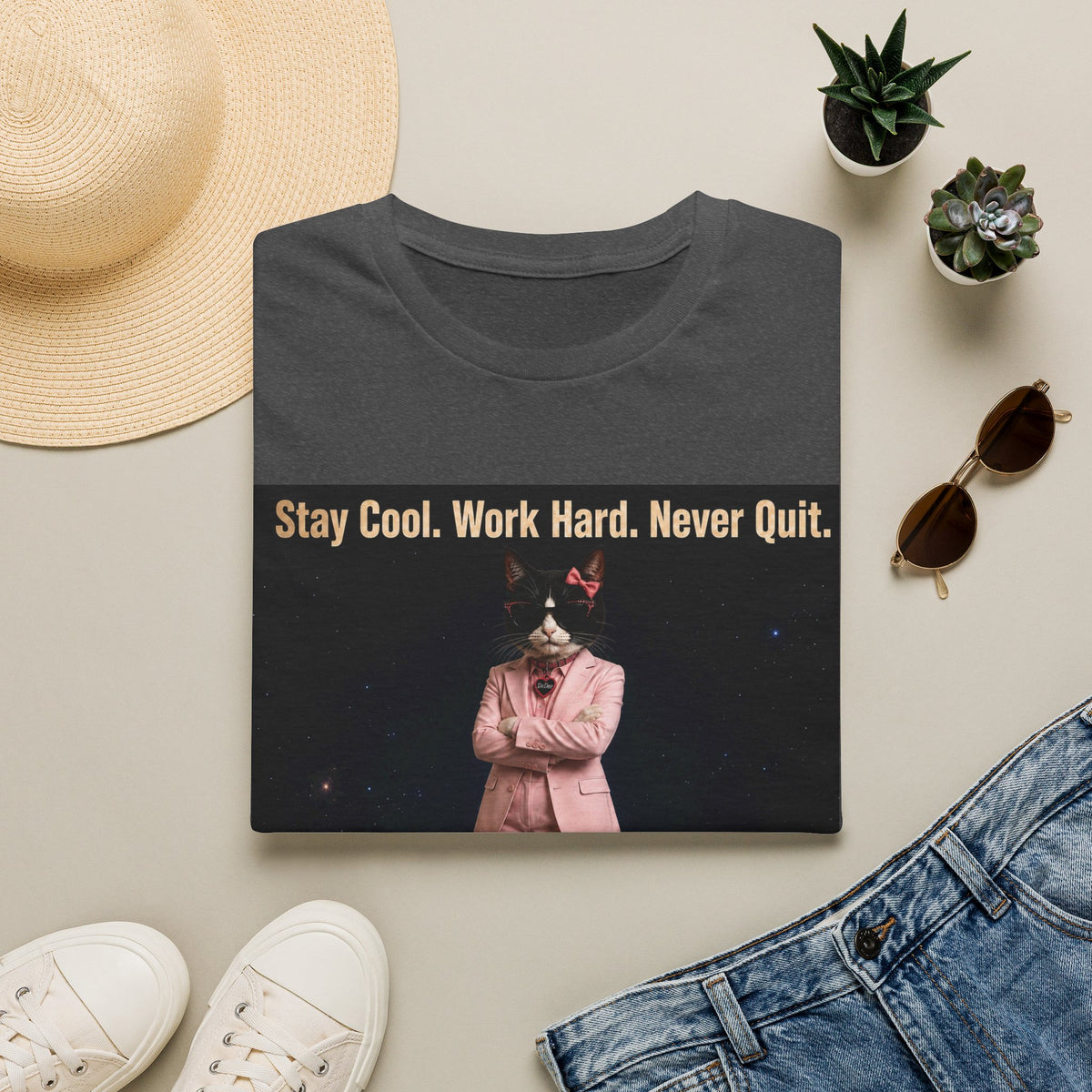 Cool Cat De Dee Standing on the Globe Motivational T-Shirt — "Stay Cool. Work Hard. Never Quit."