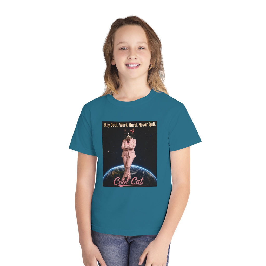Cool Cat De Dee Standing on the Globe Youth Tee — 'Stay Cool. Work Hard. Never Quit.' Motivational Graphic Tee