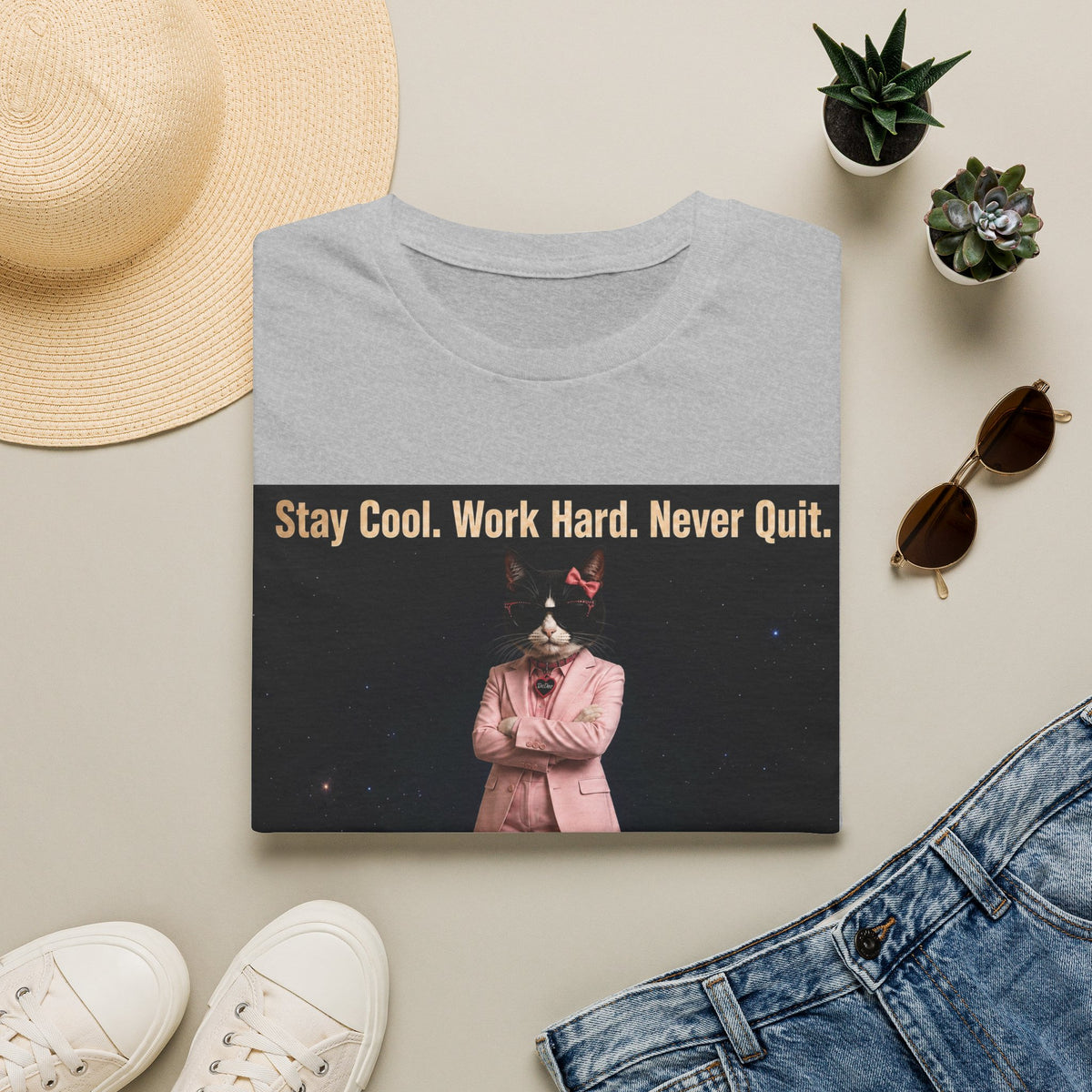 Cool Cat De Dee Standing on the Globe Motivational T-Shirt — "Stay Cool. Work Hard. Never Quit."